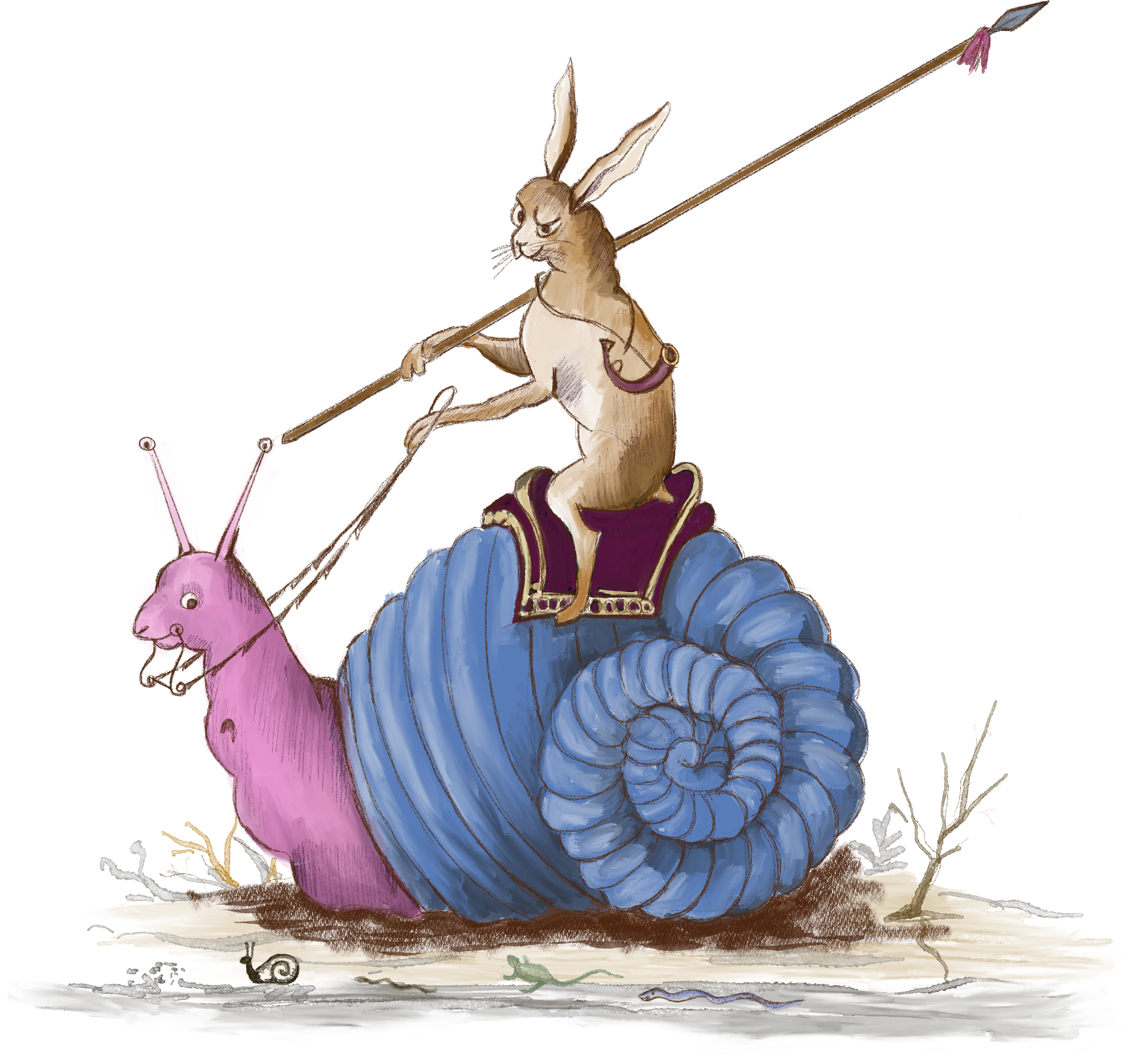 Watercolour drawing of a hare holding a spear riding a medieval snail.